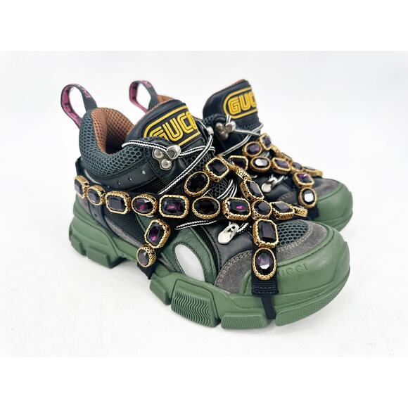 Gucci Flashtrek Chunky Green Gray Leather Crystal Embellished Sneakers Size 36 - Picture 9 of 9